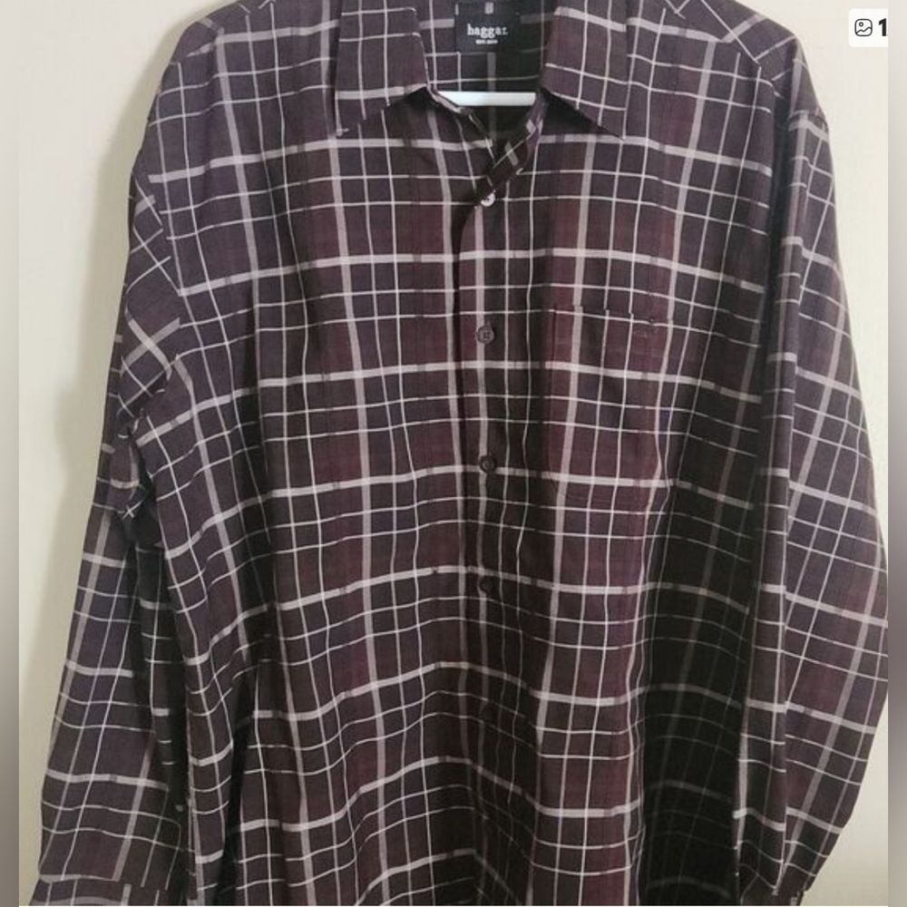 M73 HAGGAR Luxury Microfiber Burgundy Plaid Button-Up Shirt